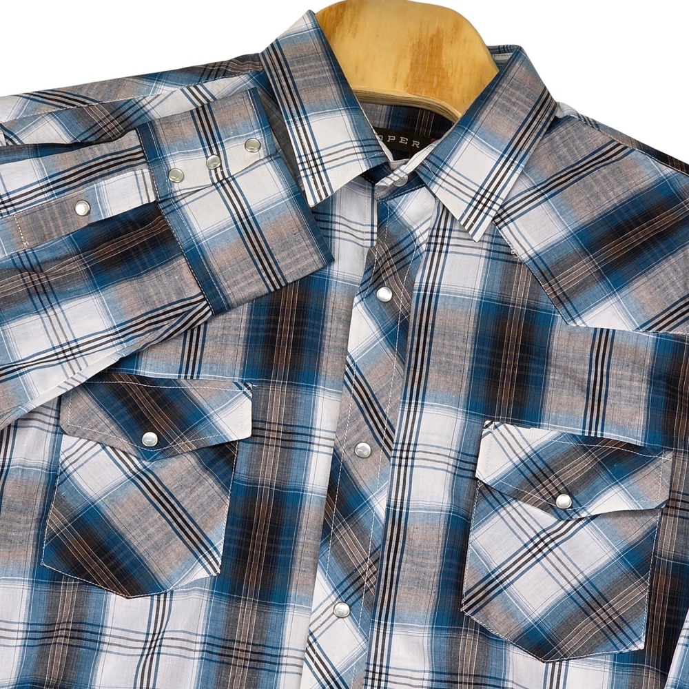 Roper Men's Shirt 2XL Western Plaid Snap Front Blue Brown White Long Sleeve